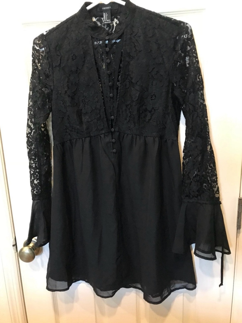 Forever 21 Black Lace Long-Sleeve Mini Dress with Bell Cuffs